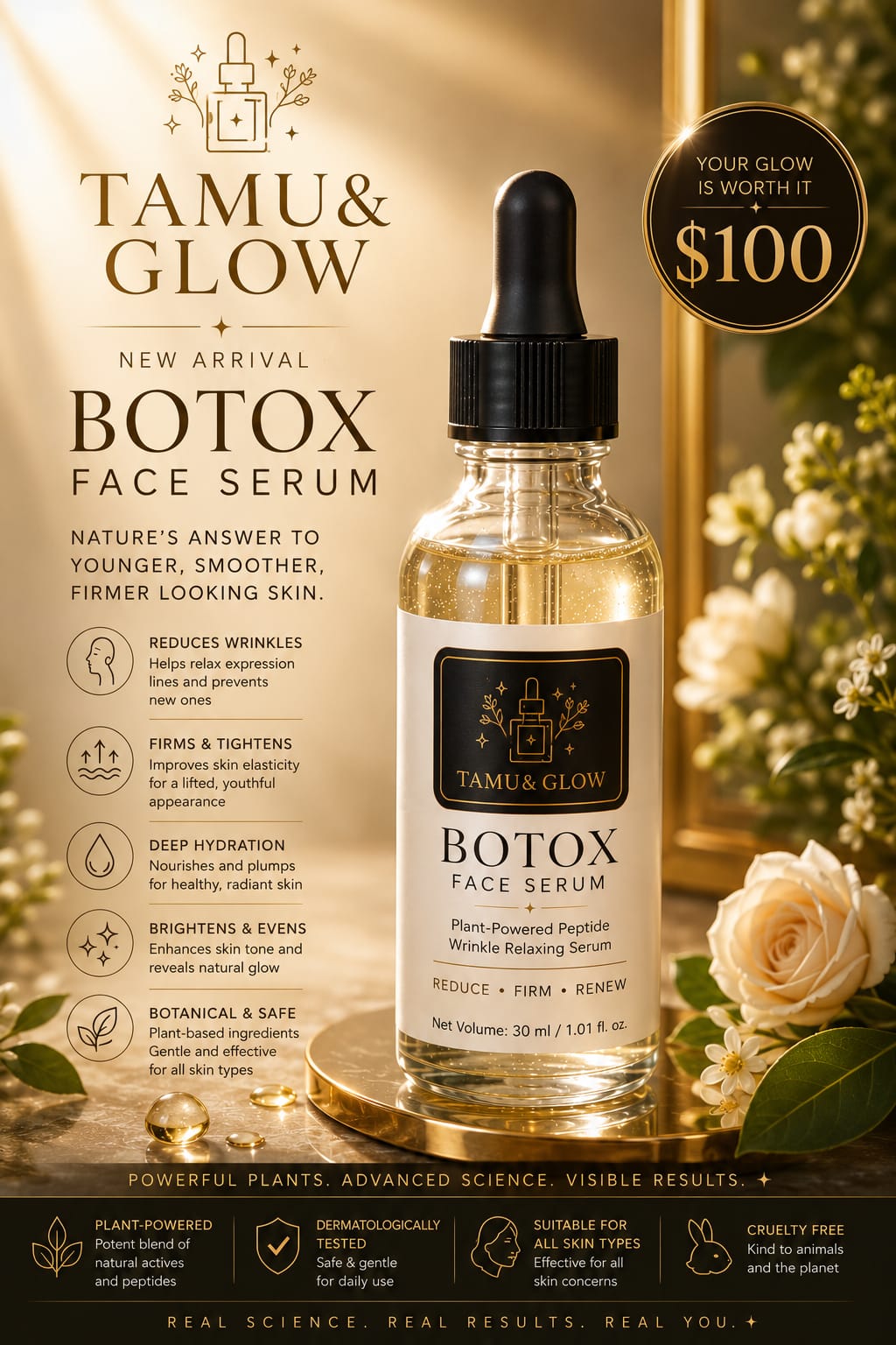 Tamu & Glow Botox Face Serum bottle with dropper, 30 ml / 1.01 fl oz