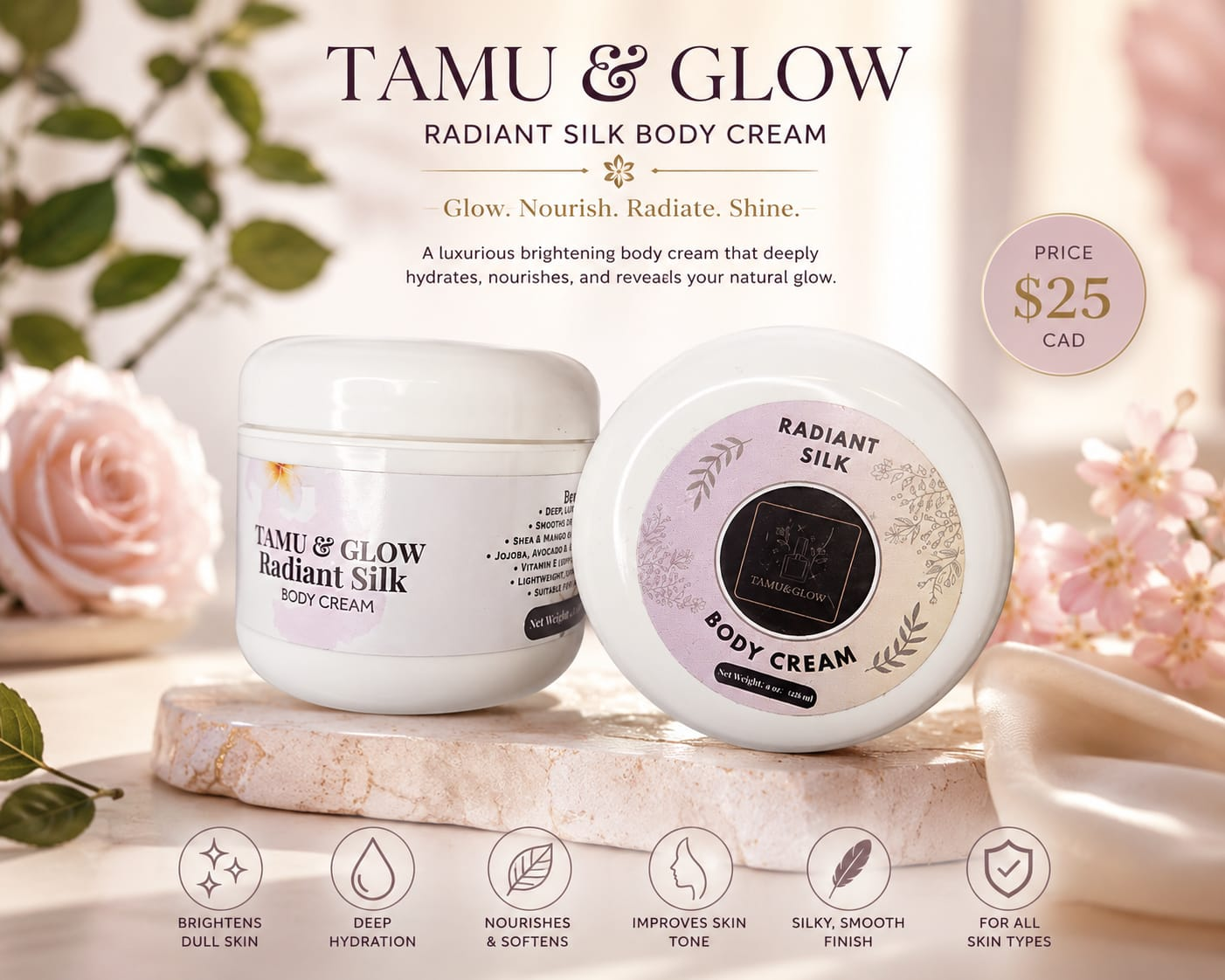 Tamu & Glow Radiant Silk Body Cream luxury brightening moisturizer jar, 8 oz / 226 ml