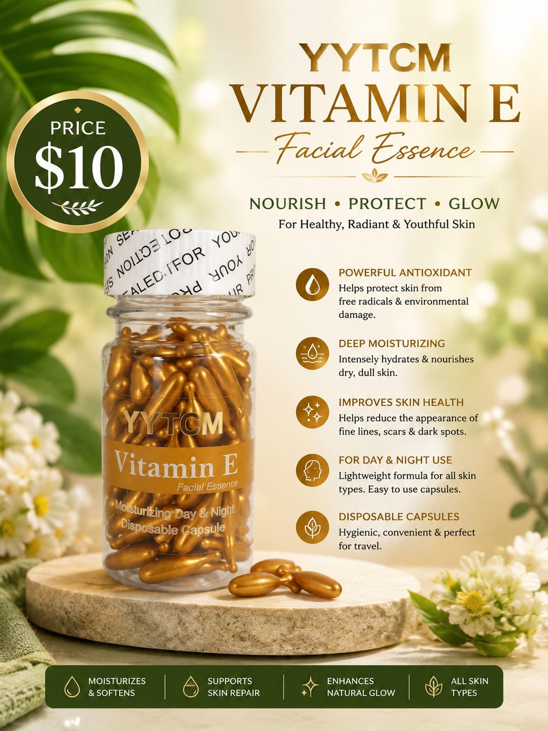 YYTCM Vitamin E Facial Essence golden capsules in jar for day & night use