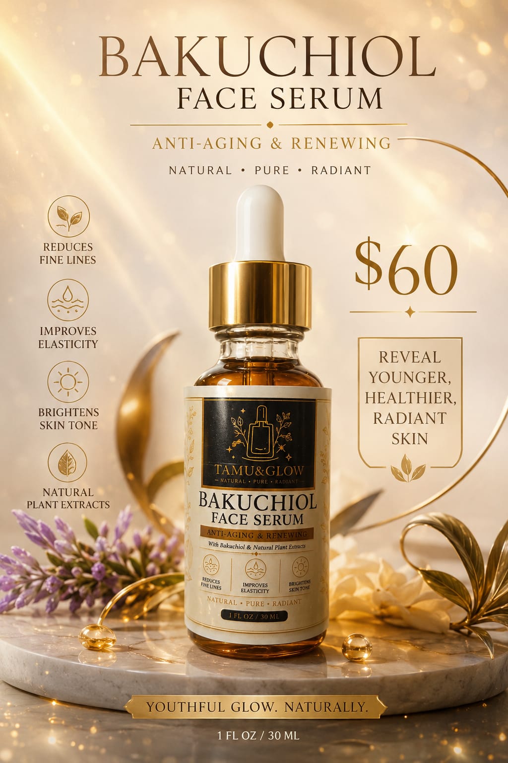 Tamu & Glow Bakuchiol Face Serum bottle with gold dropper, 1 fl oz / 30 ml
