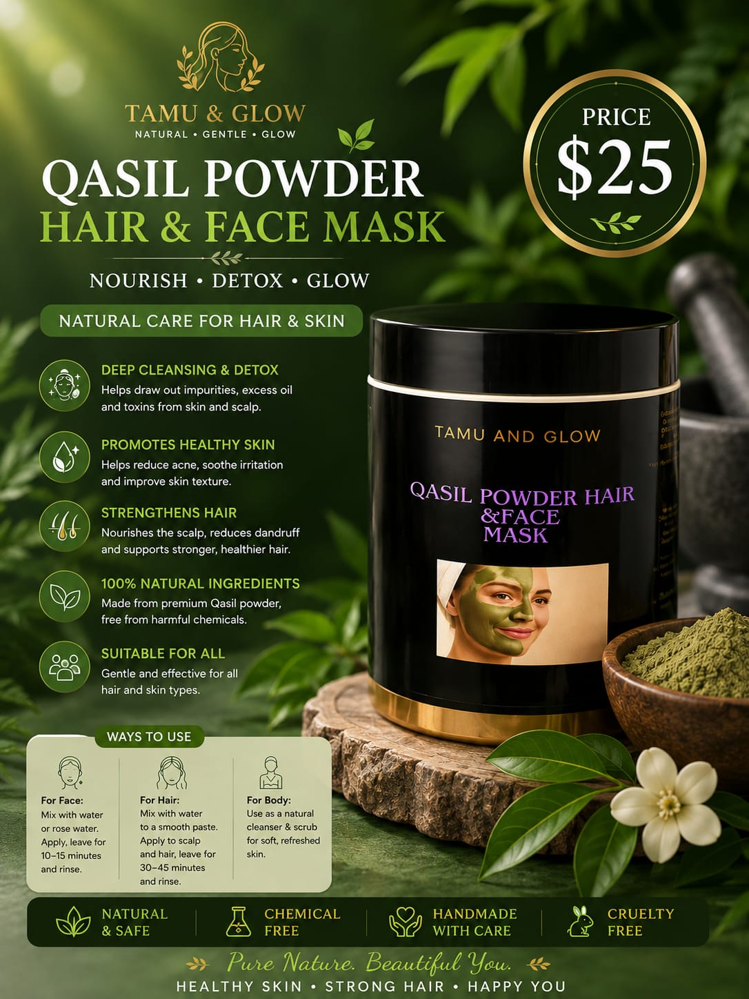 Tamu & Glow Qasil Powder Hair & Face Mask jar with natural green qasil powder