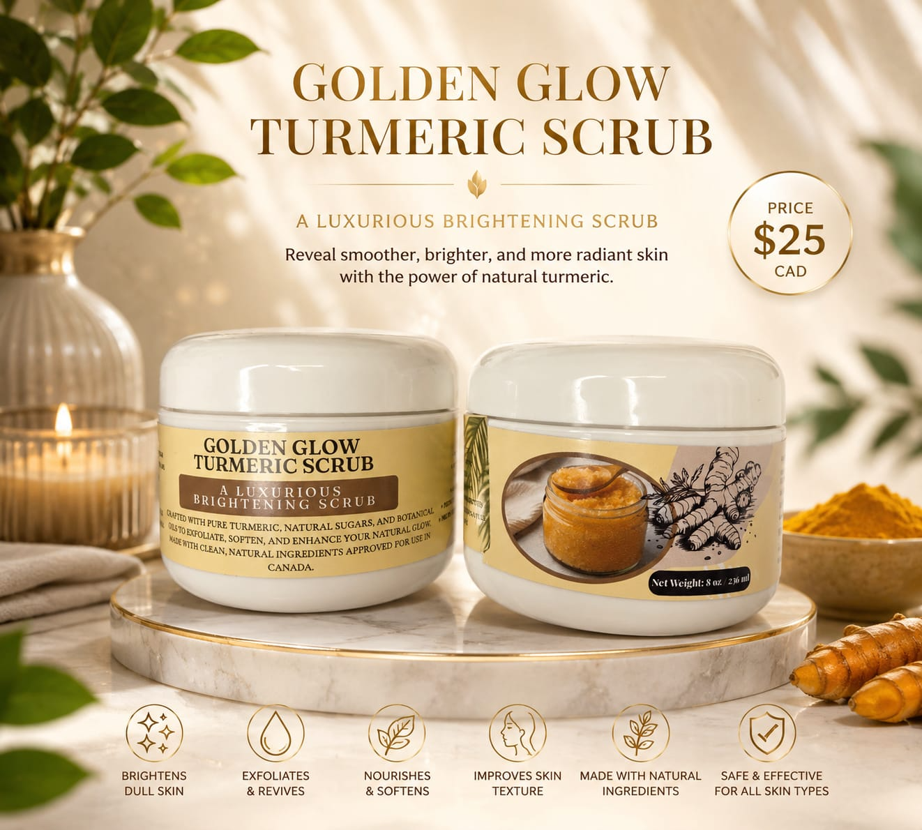 Tamu & Glow Golden Glow Turmeric and Apricot Body Scrub luxurious brightening scrub jar, 8 oz / 236 ml
