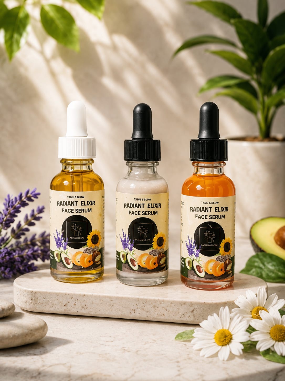 Tamu & Glow Radiant Elixir Face Serum collection of three botanical serums, 1 fl oz / 30 ml each