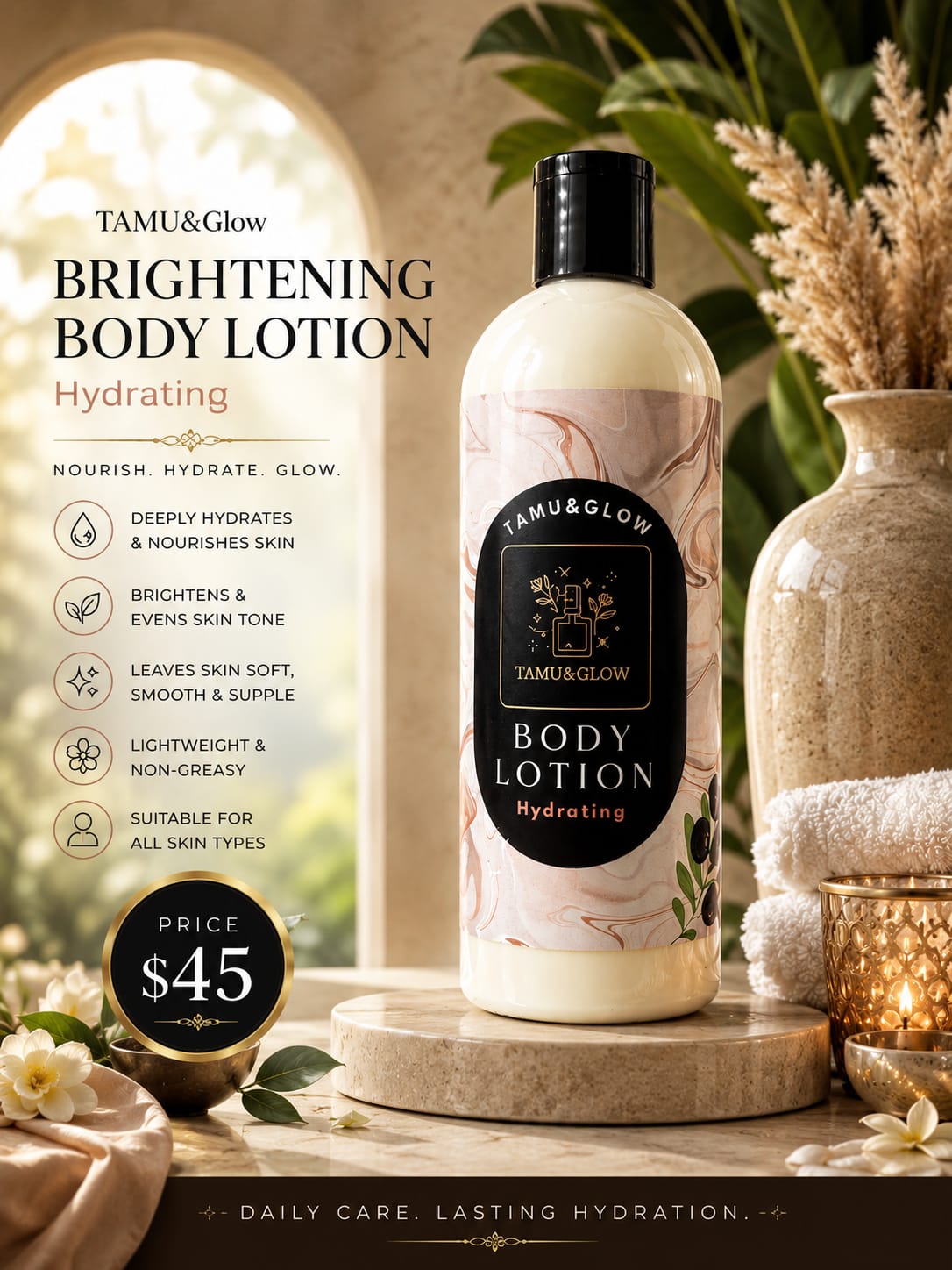 Tamu & Glow Brightening Body Lotion hydrating luxury skincare bottle