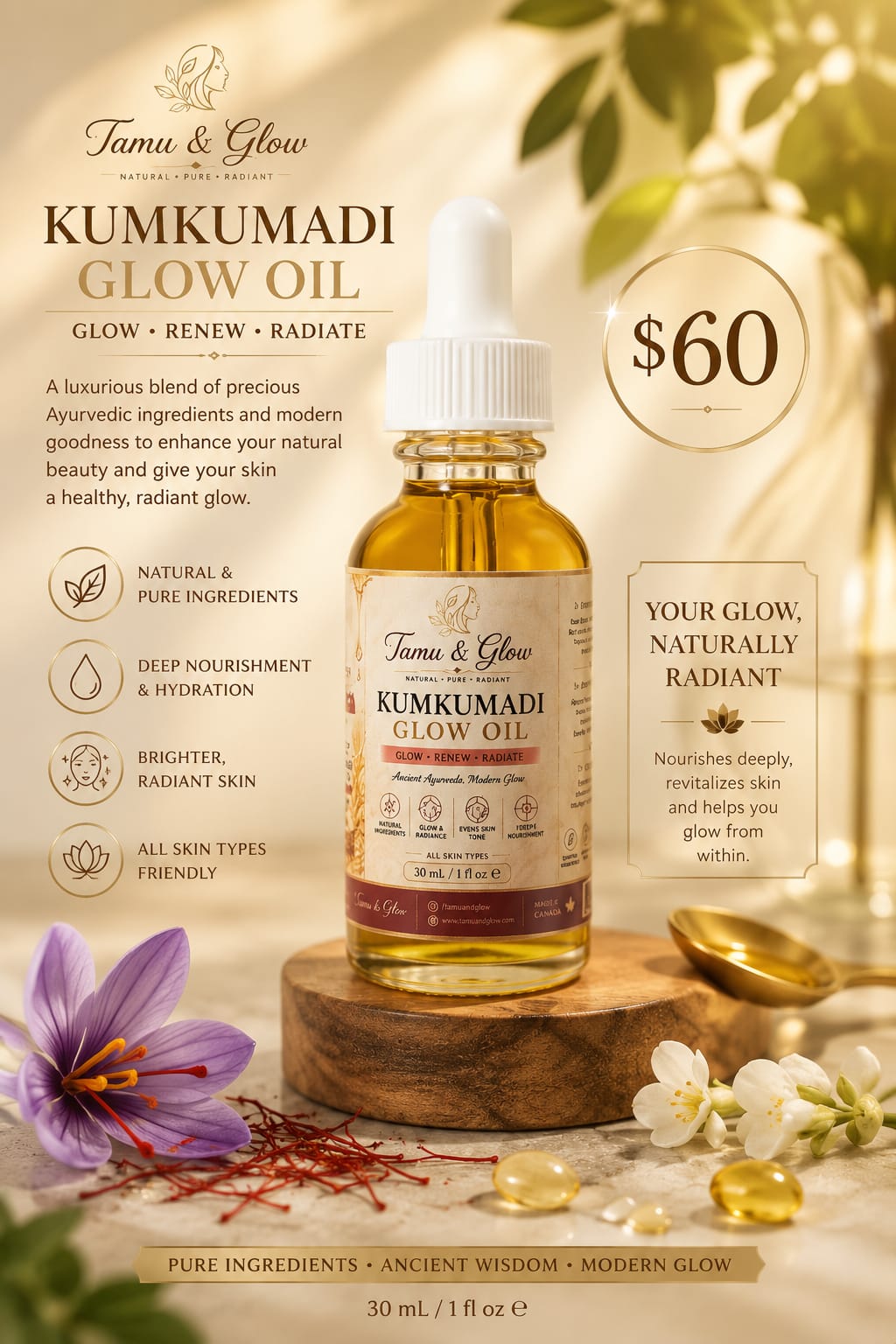 Tamu & Glow Kumkumadi Glow Oil bottle with dropper, 30 mL / 1 fl oz