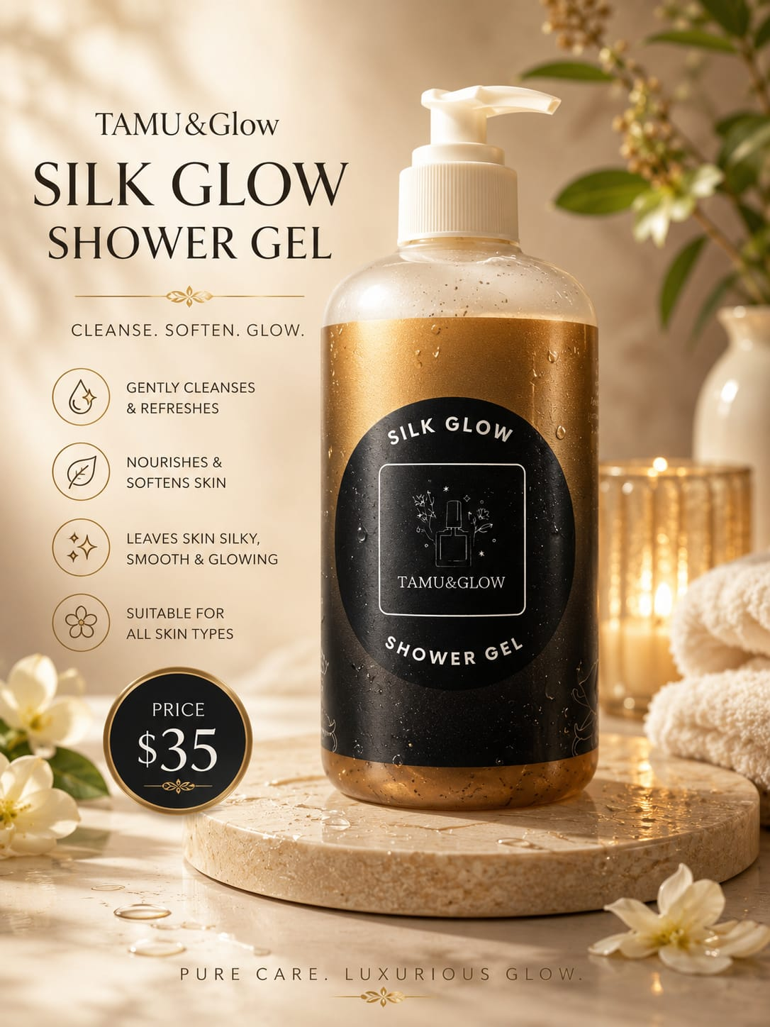 Tamu & Glow Silk Glow Brightening Shower Gel pump bottle with gold and black label