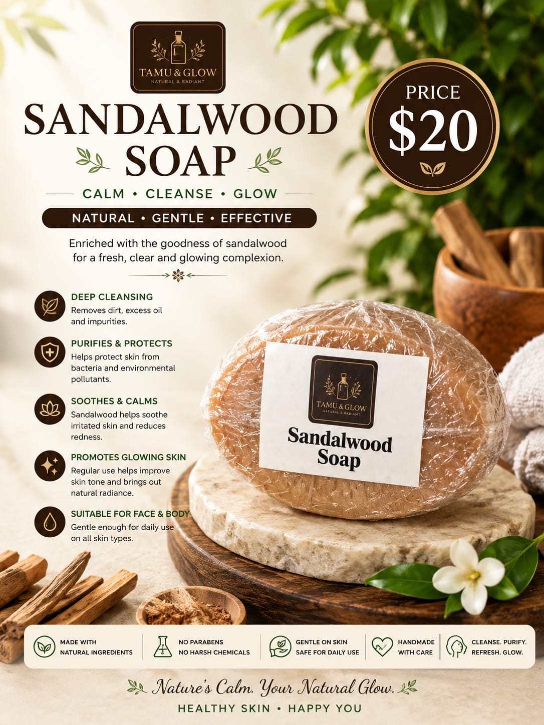 Tamu & Glow Sandalwood Soap handcrafted natural bar with sandalwood sticks and powder