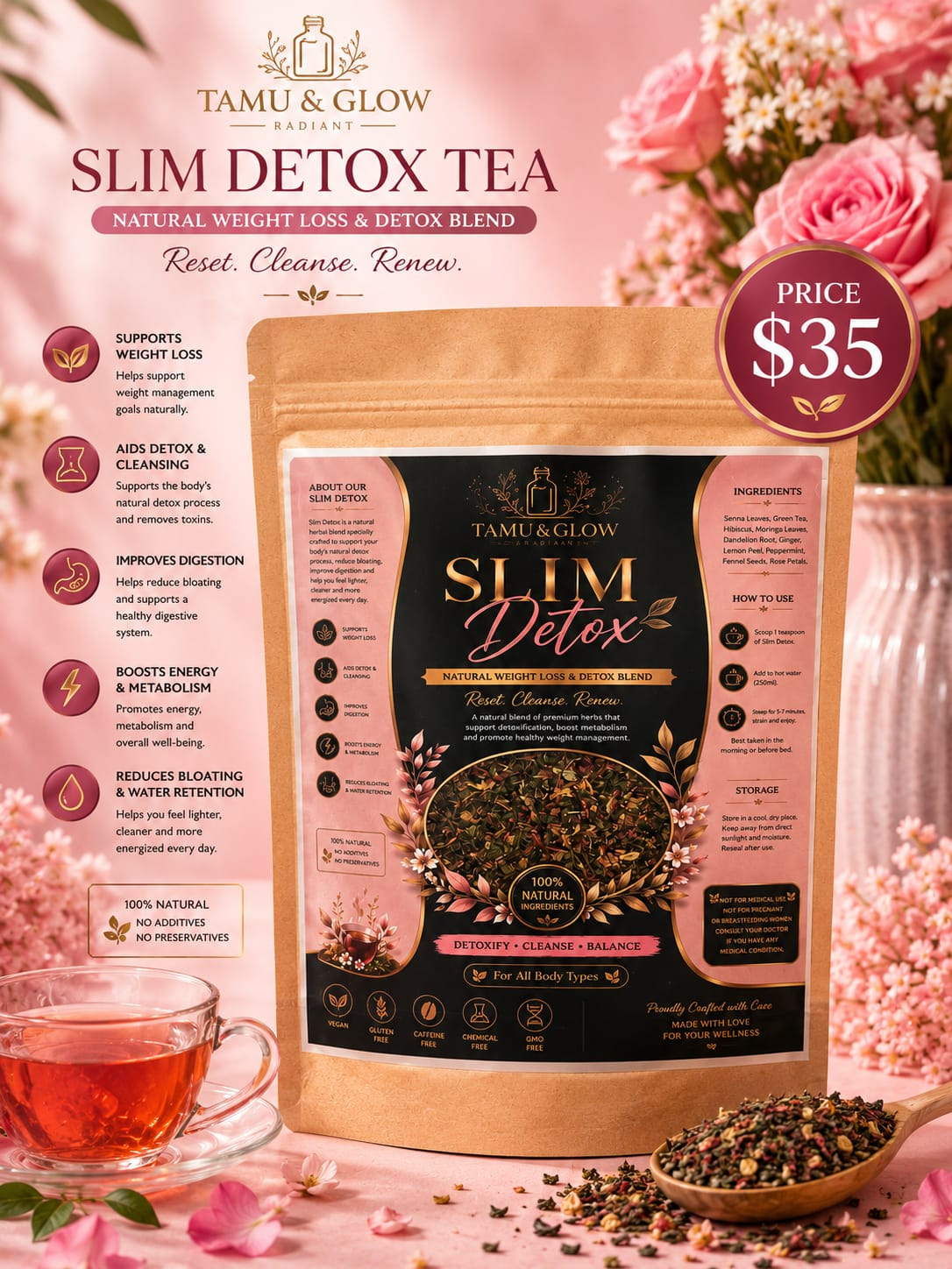 Tamu & Glow Slim Detox Tea natural weight loss and detox herbal blend pouch