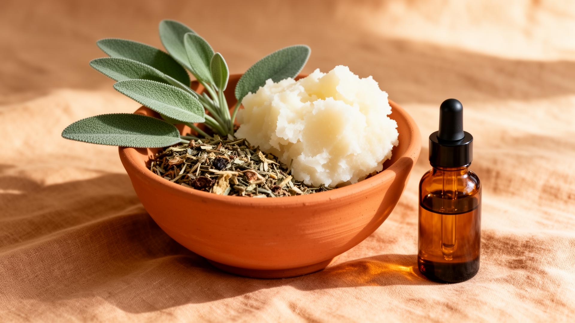 Natural skincare ingredients in terracotta bowl